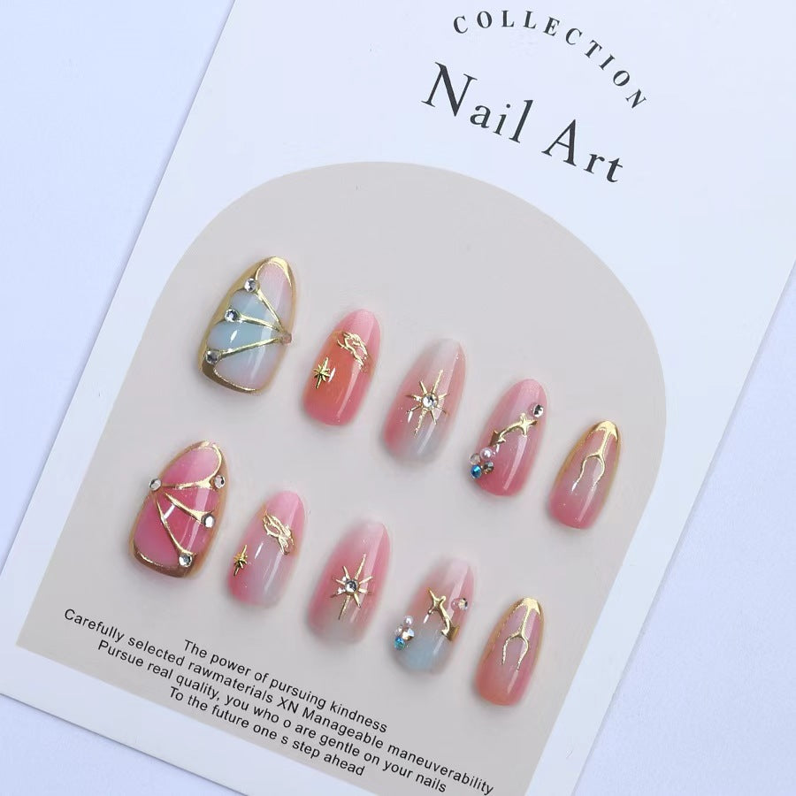 Gold-Plated & French Tip Ombre Nails, Short Almond, 30 Pieces – close-up detail