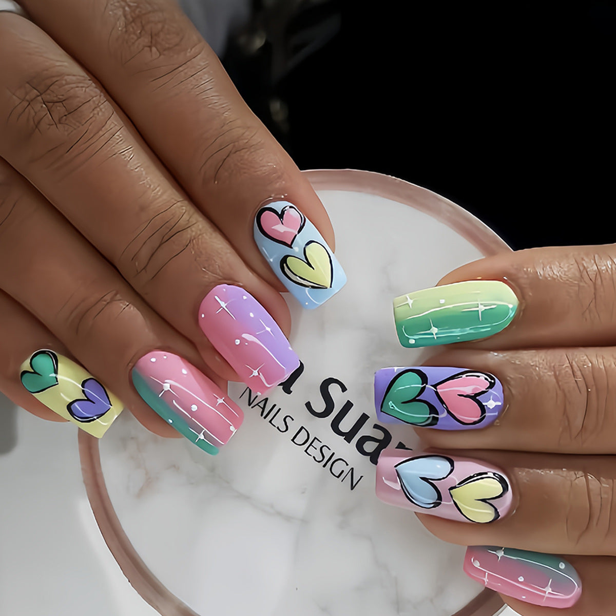 Ombre Gradient & Heart Ombre Press-On Nails, Medium Square – front view