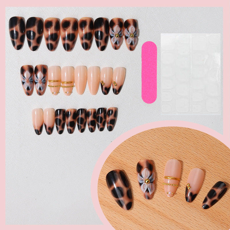 Leopard Print & Abstract Line French Nails, 24 Pieces – side angle