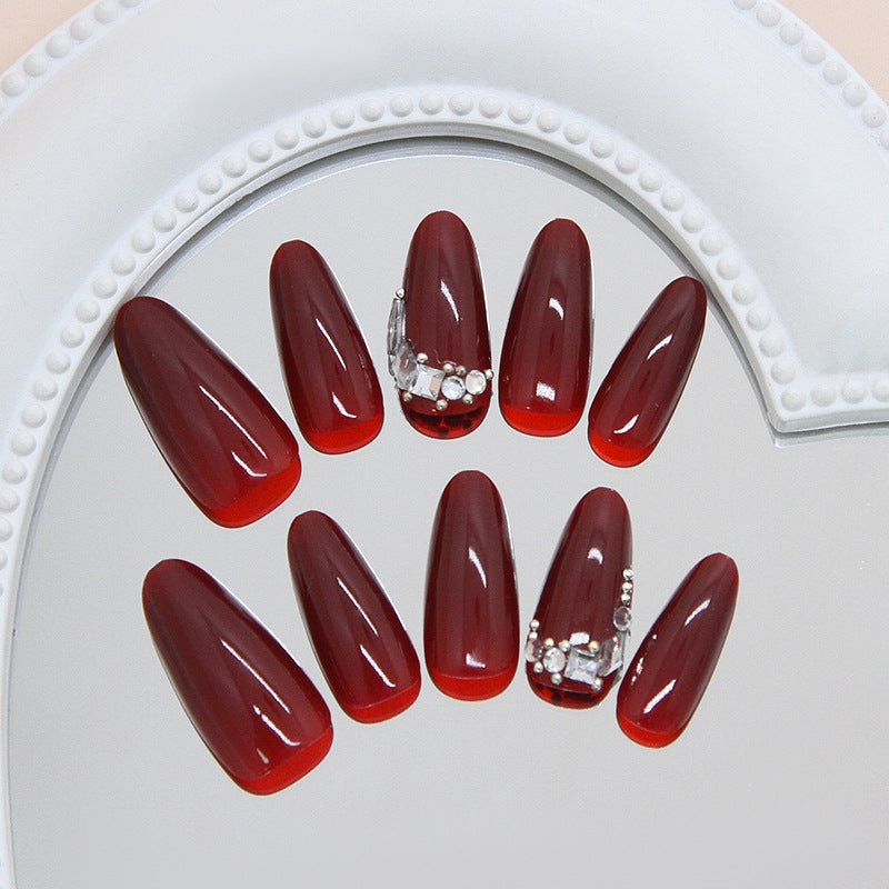 Wine Red & Glitter Press-On Nails, Medium Almond on hand