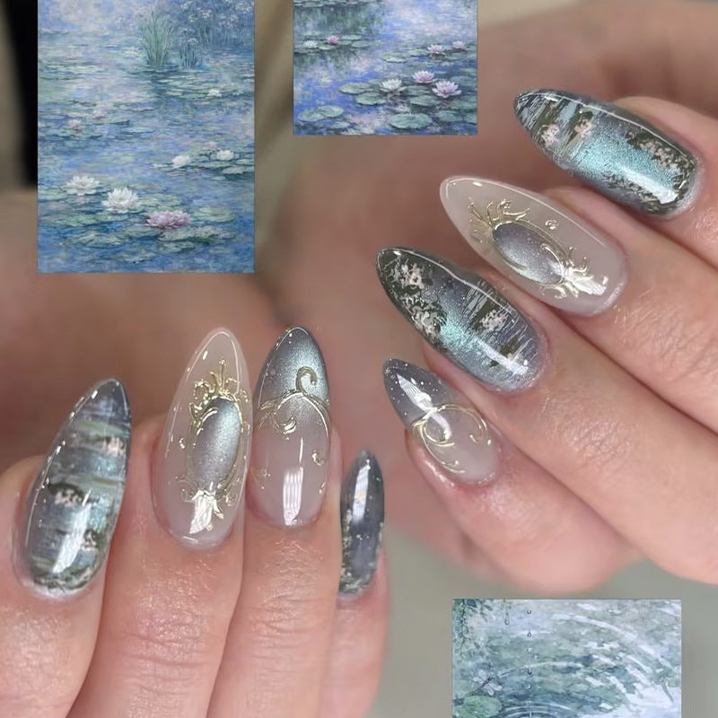 Emerald Green & Gemstone Ombre Nails, 30 Pieces – front view