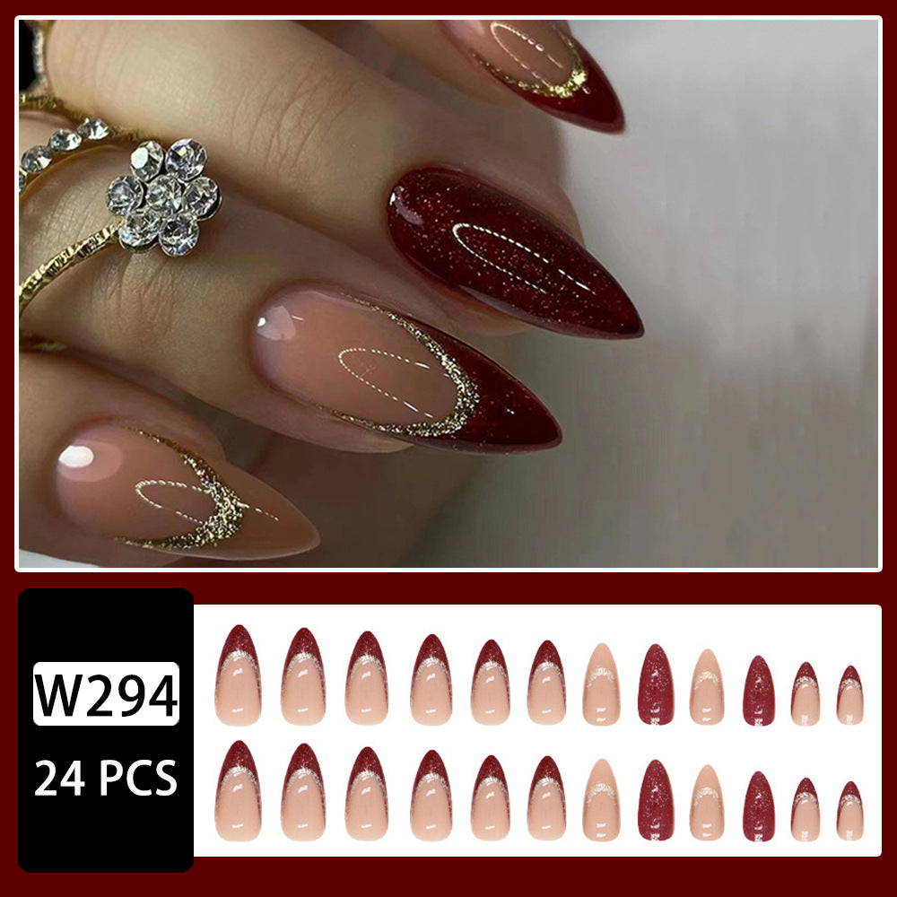 Wine Red & Glitter French Press-On Nails – close-up detail