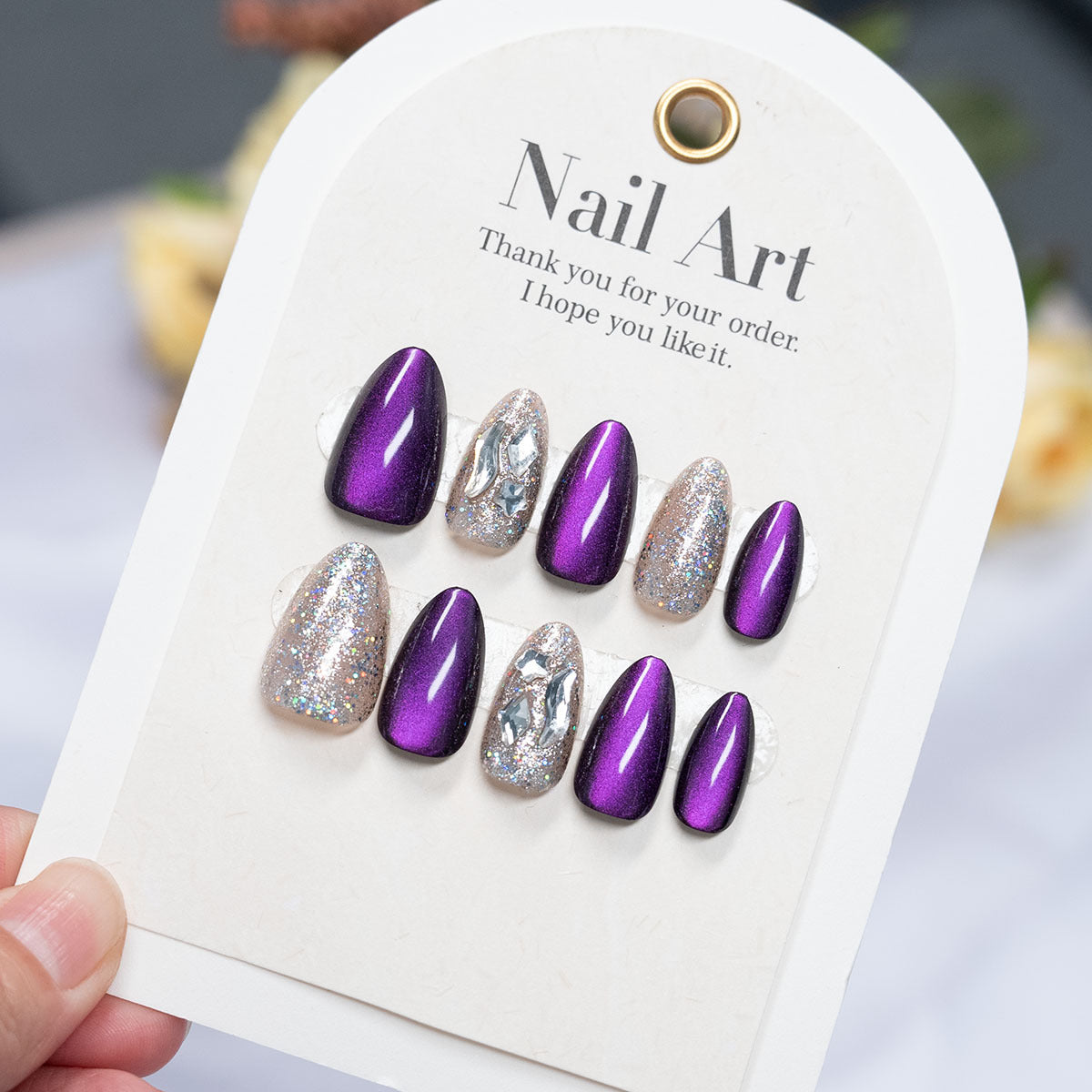 Short Almond Duo-Tone Shimmer & Cat Eye Press-On Nail Set (24 Pieces) – front view