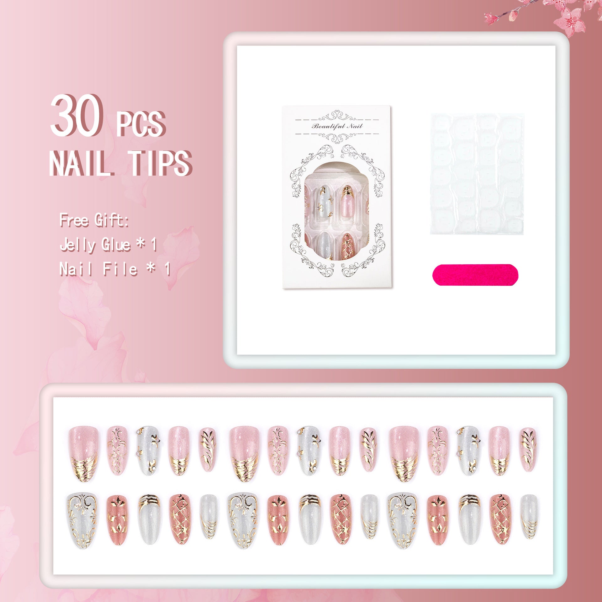 French Tip & Gold-Plated French Nails, Medium Almond, 30 Pieces on hand