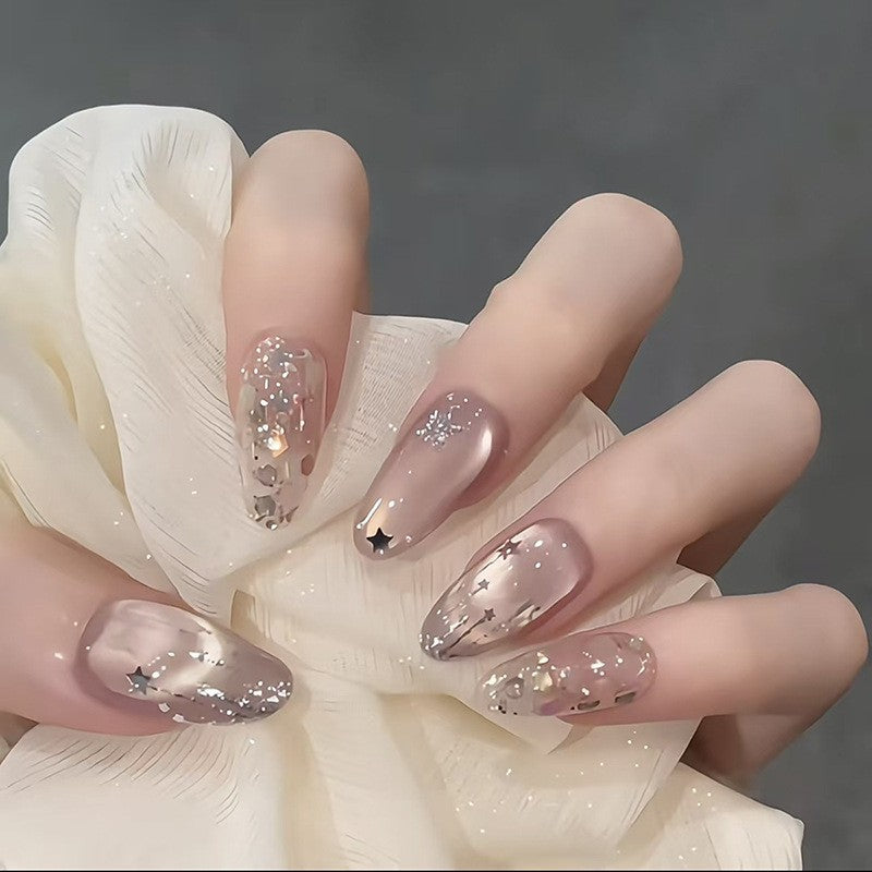 Cat Eye Shimmer Press-On Nails with 3D Flower Detail, Almond – front view