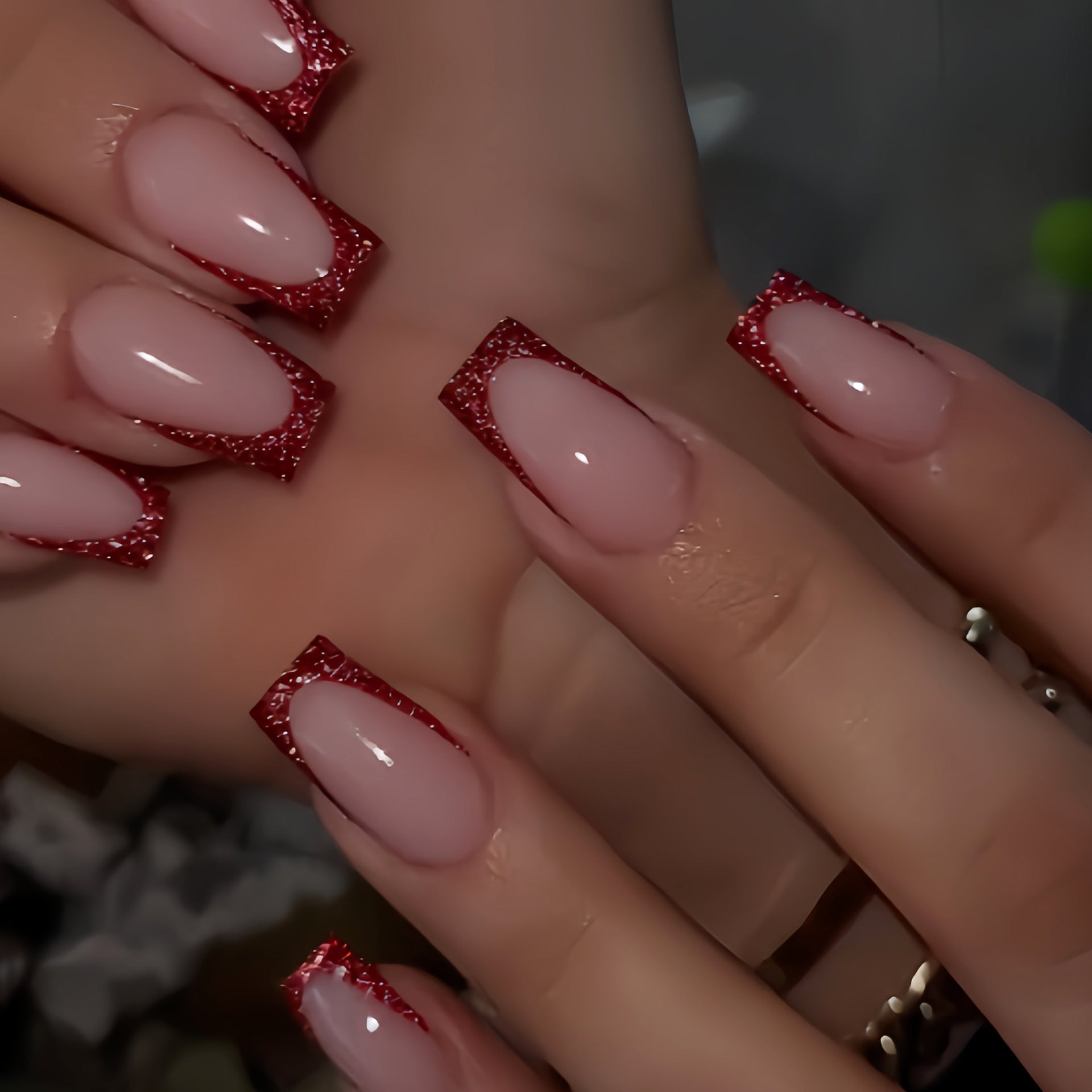 Wine Red & French Tip French Press-On Nails – front view