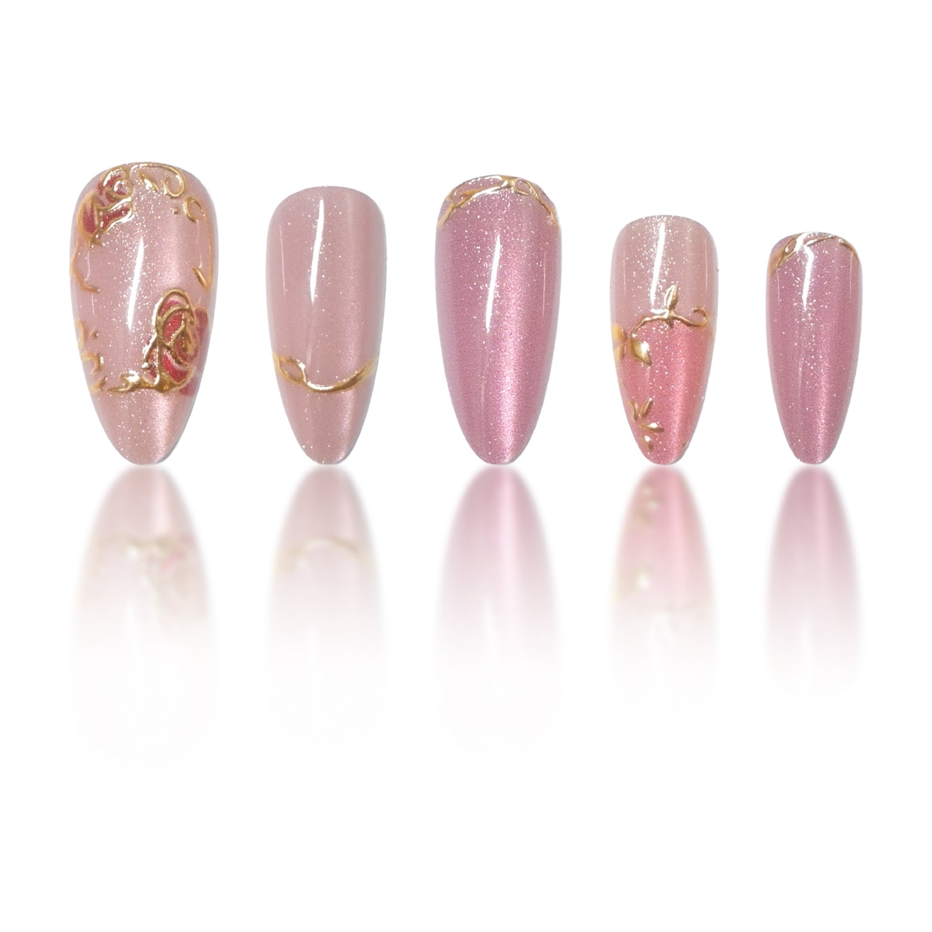 Cat Eye & Rose Press-On Nails, Medium Almond – side angle