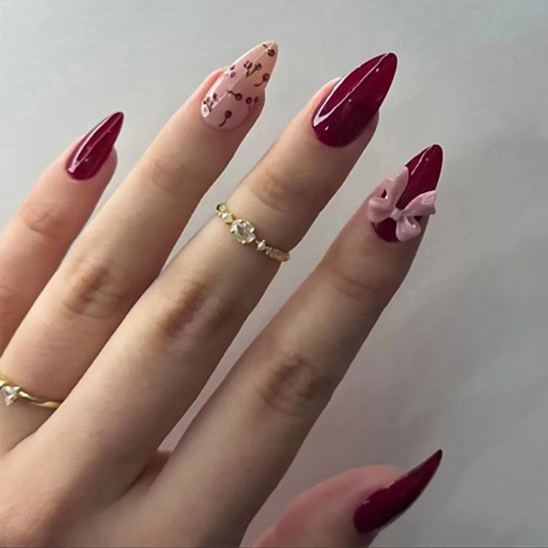 Cat Eye Shimmer Press-On Nails with 3D Flower Detail, Almond on hand