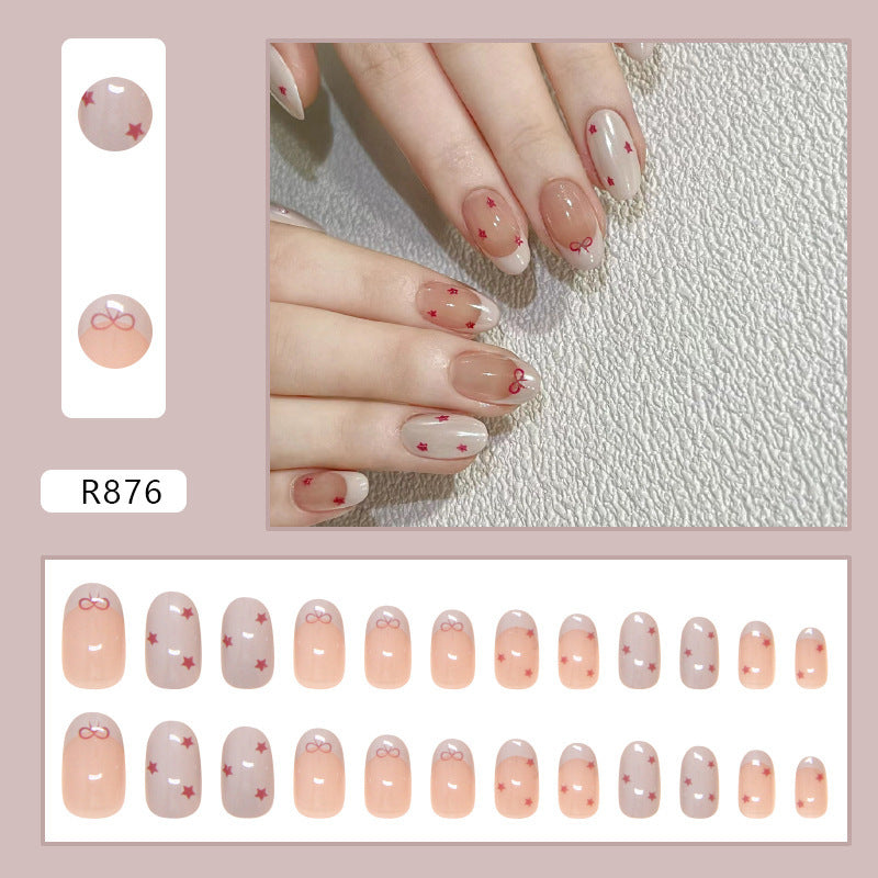 French Tip & Bowknot Press-On Nails, Short – close-up detail