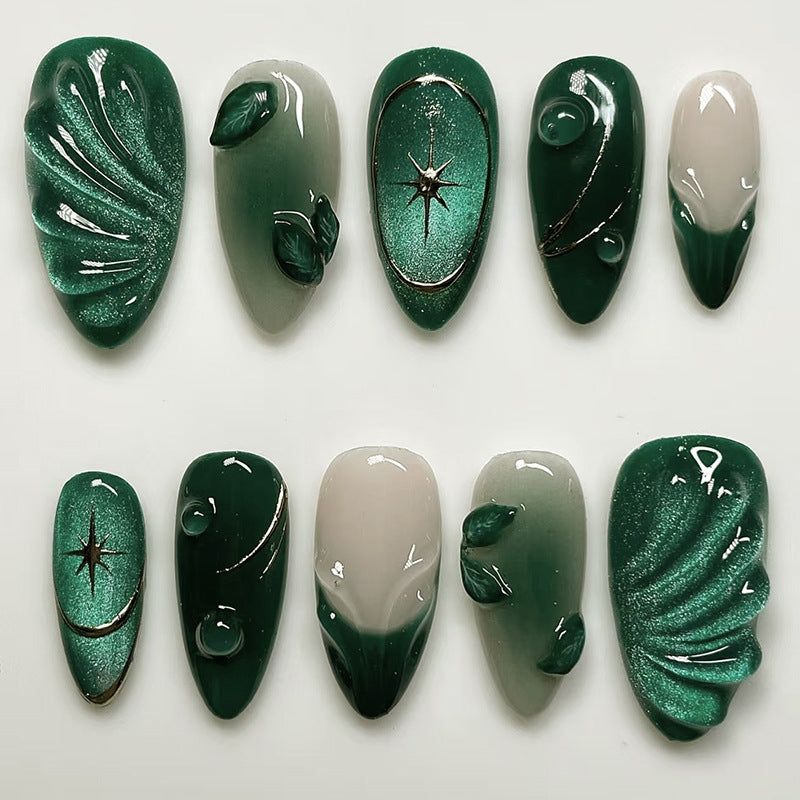 Corrugated Texture & French Tip Cat Eye Press-On Nails, Medium Almond – front view