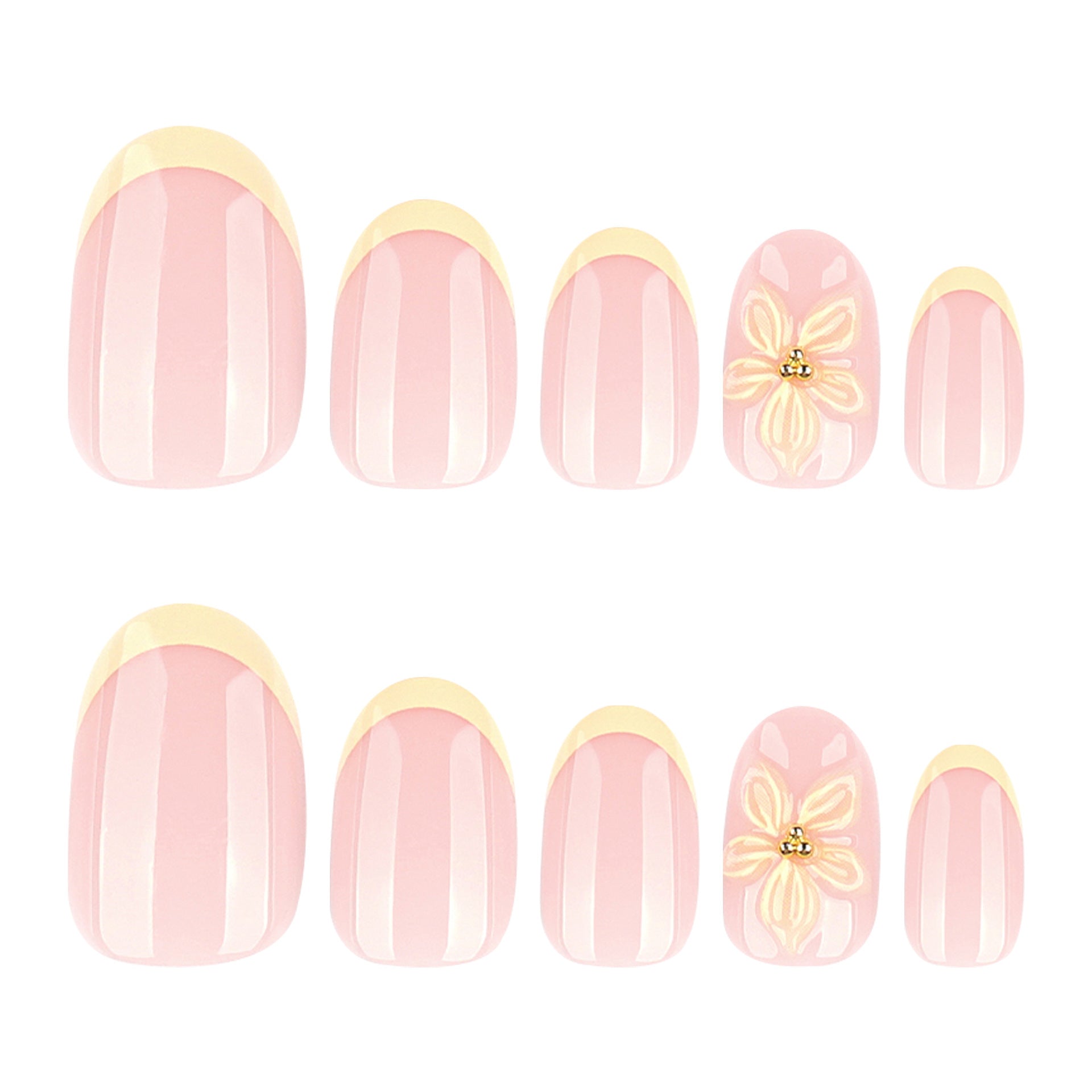 Short Almond French Tip & Floral Press-On Nail Set (24 Pieces) – full set laid out