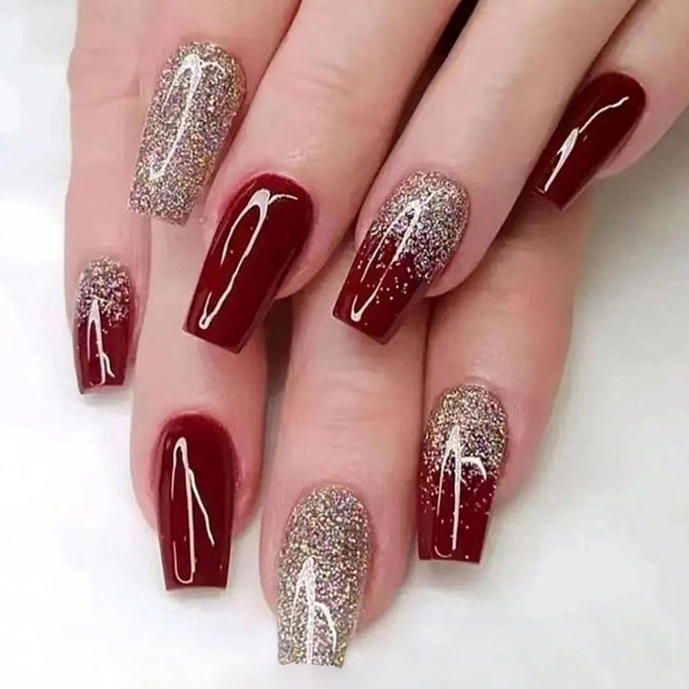 Glitter & Wine Red Press-On Nail Set (24 Pieces) – front view