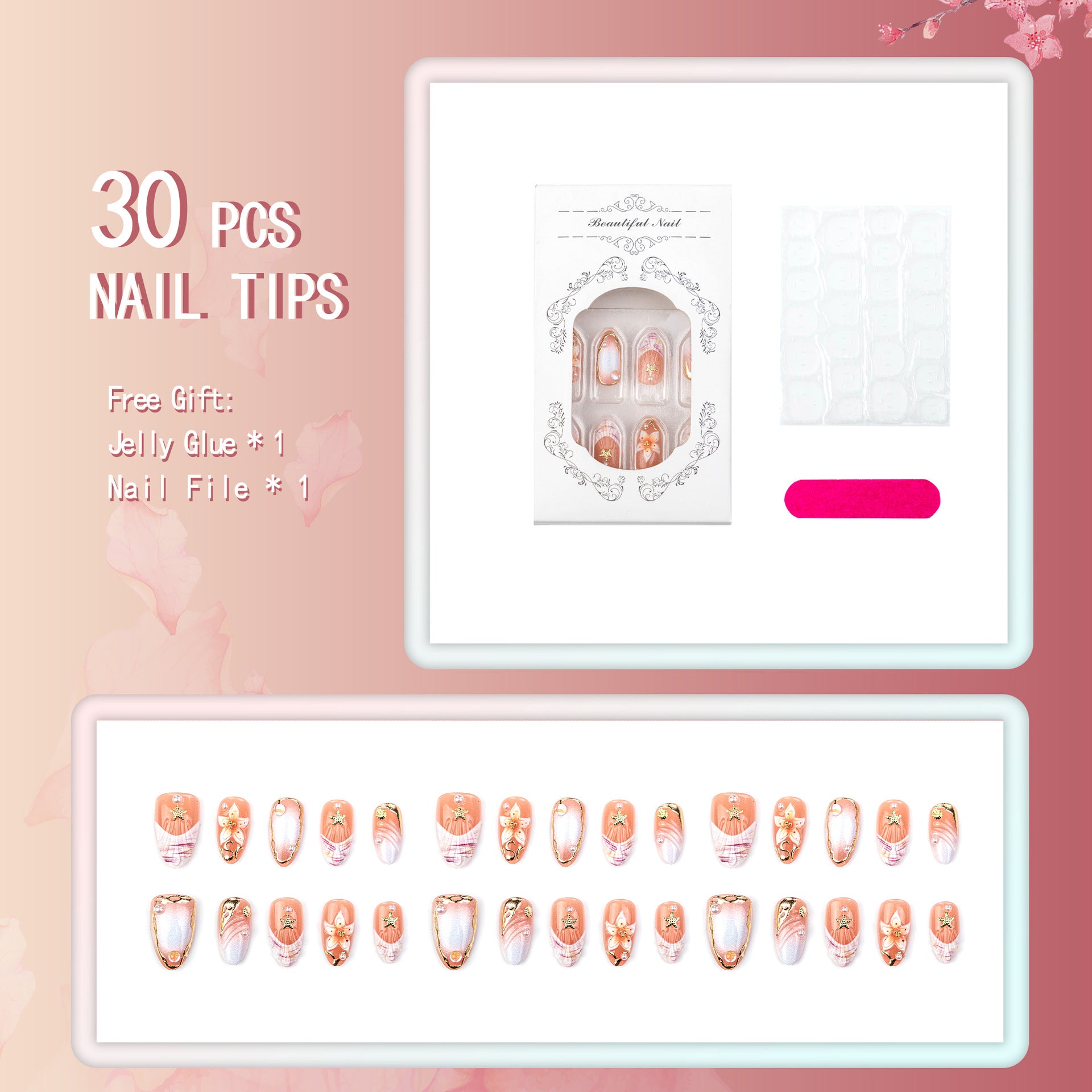 Ombre Gradient & Floral Press-On Nail Set (30 Pieces) on hand