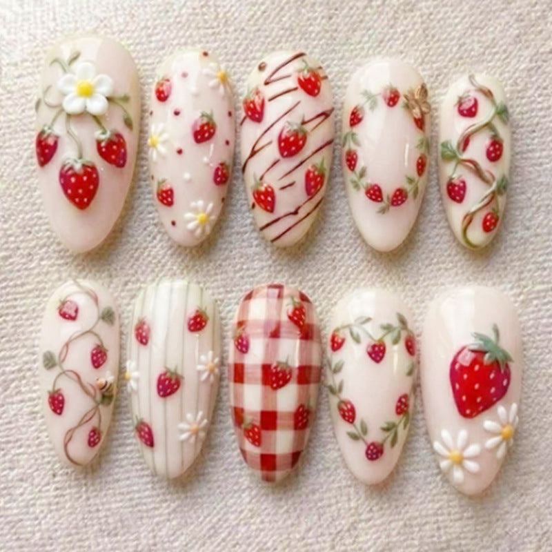 Strawberry Press-On Nails, Medium Almond, 24-Piece Set – front view