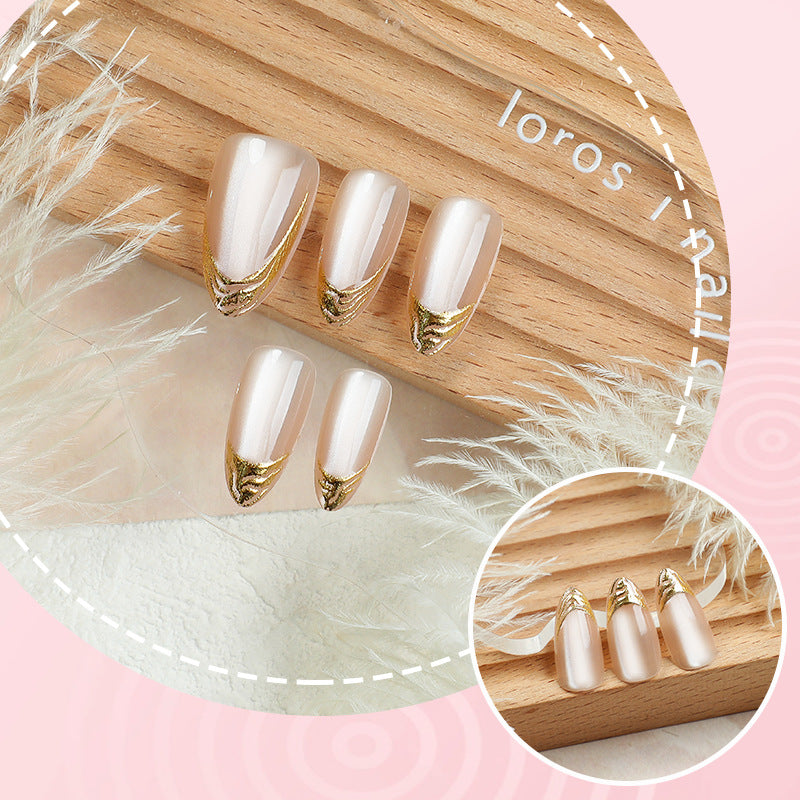Medium Almond French Tip Press-On Nail Set (30 Pieces) – close-up detail