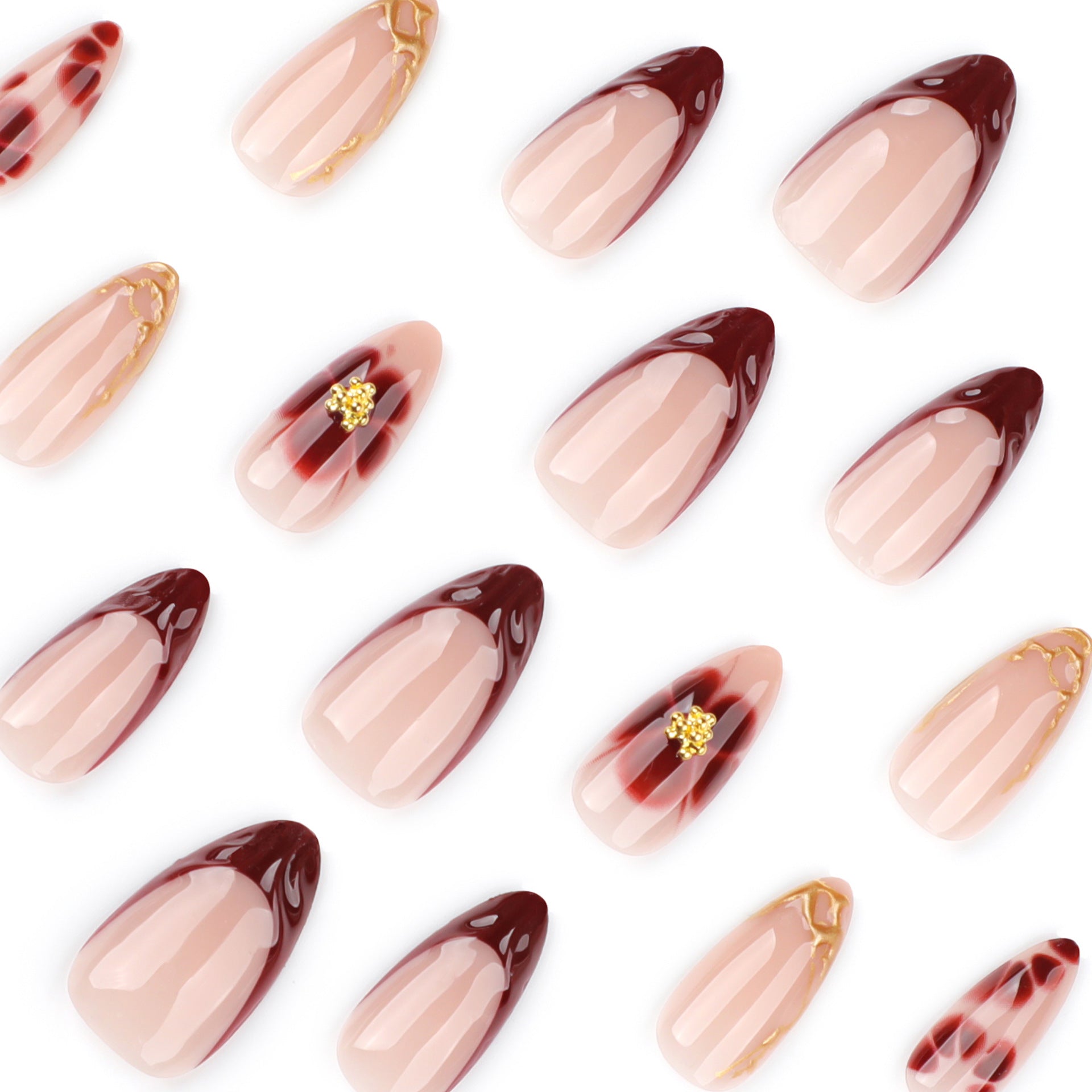 Medium Almond French Tip & Floral Press-On Nail Set (24 Pieces) – side angle