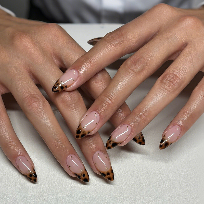 Leopard Print French Press-On Nails, Almond – side angle