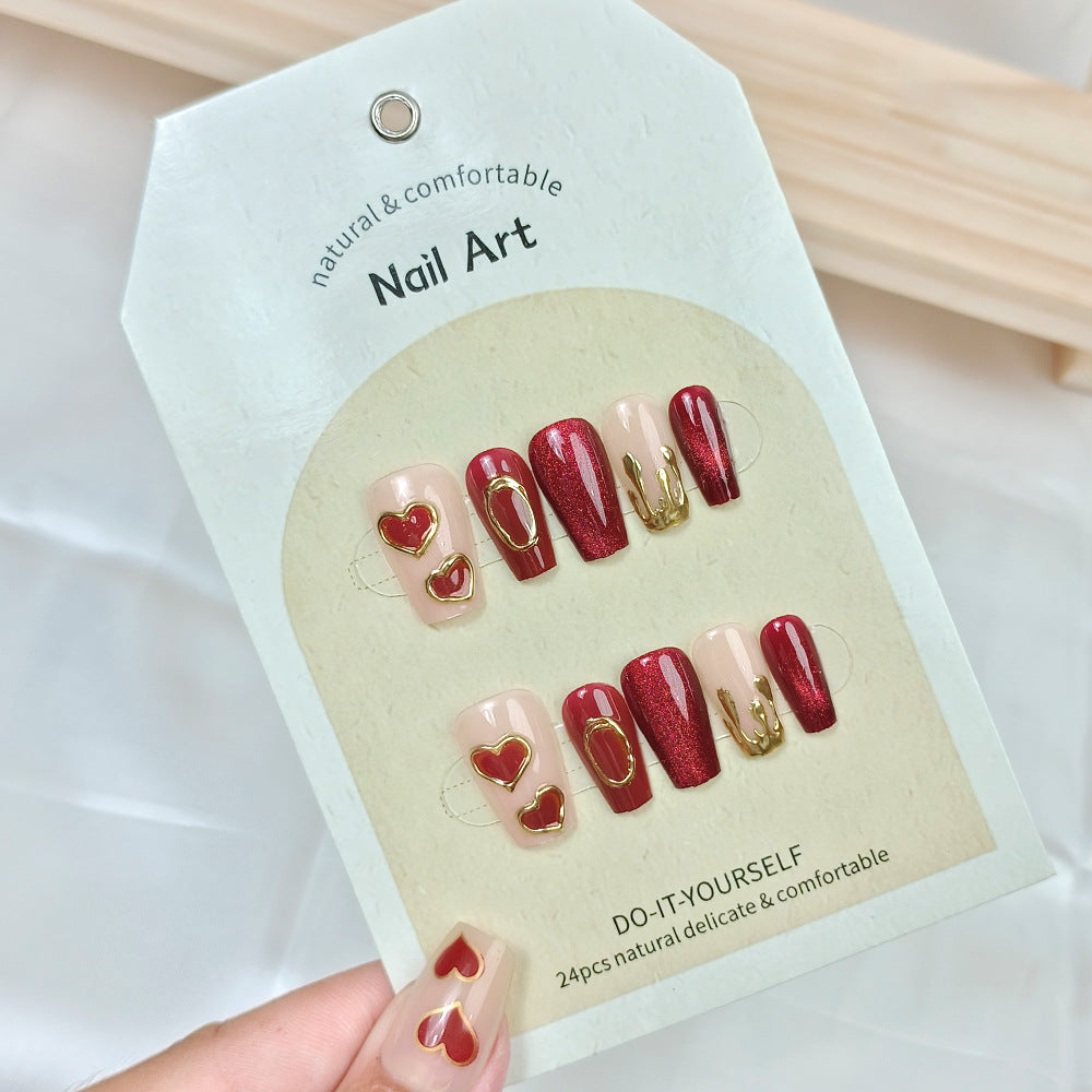 Wine Red & Heart Press-On Nail Set (24 Pieces) on hand