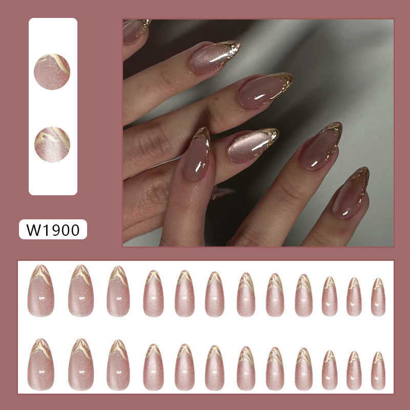 Medium Almond Cat Eye & Abstract Line Press-On Nail Set (24 Pieces) – close-up detail