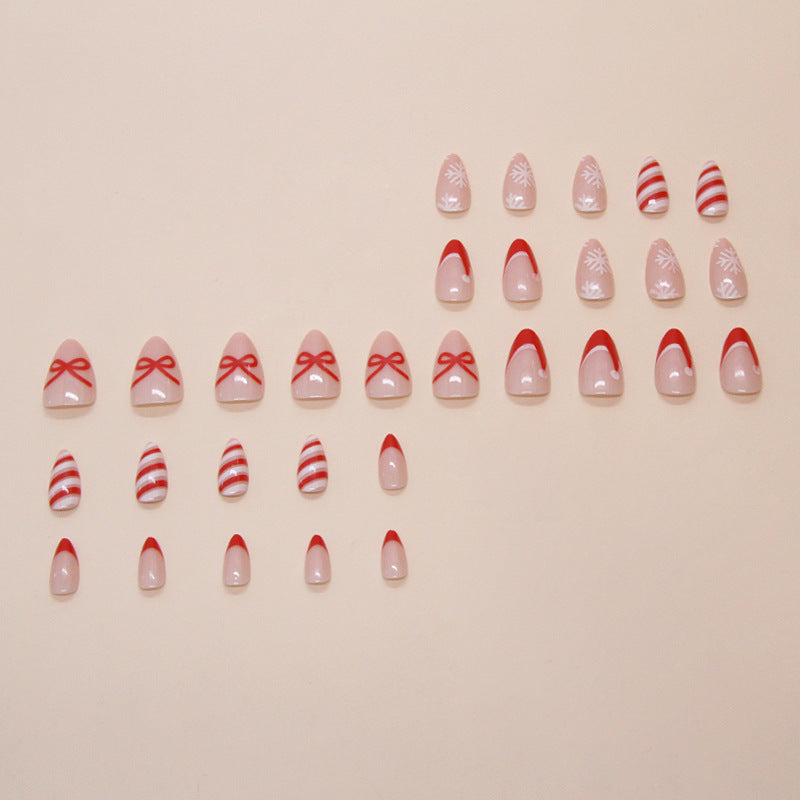 French Tip & Bowknot Press-On Nails, Short Almond – side angle