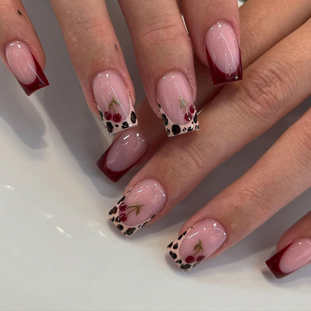French Tip & Leopard Print French Press-On Nails, Short Square – front view