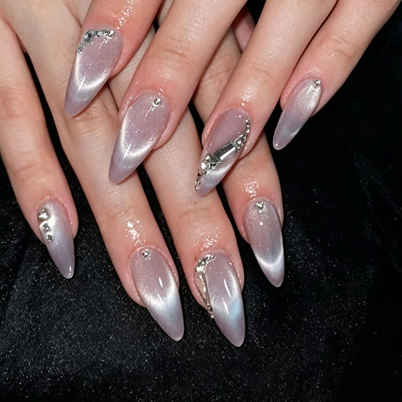 Rhinestone & Glitter Cat Eye Press-On Nails, Medium Almond – front view