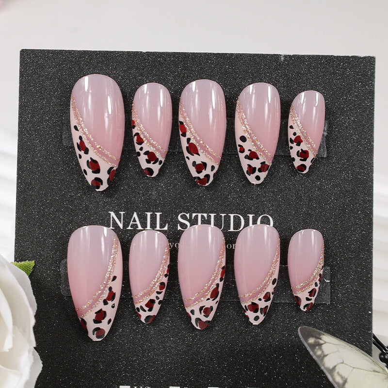 French Tip & Leopard Print French Nails, Almond, 24 Pieces – close-up detail