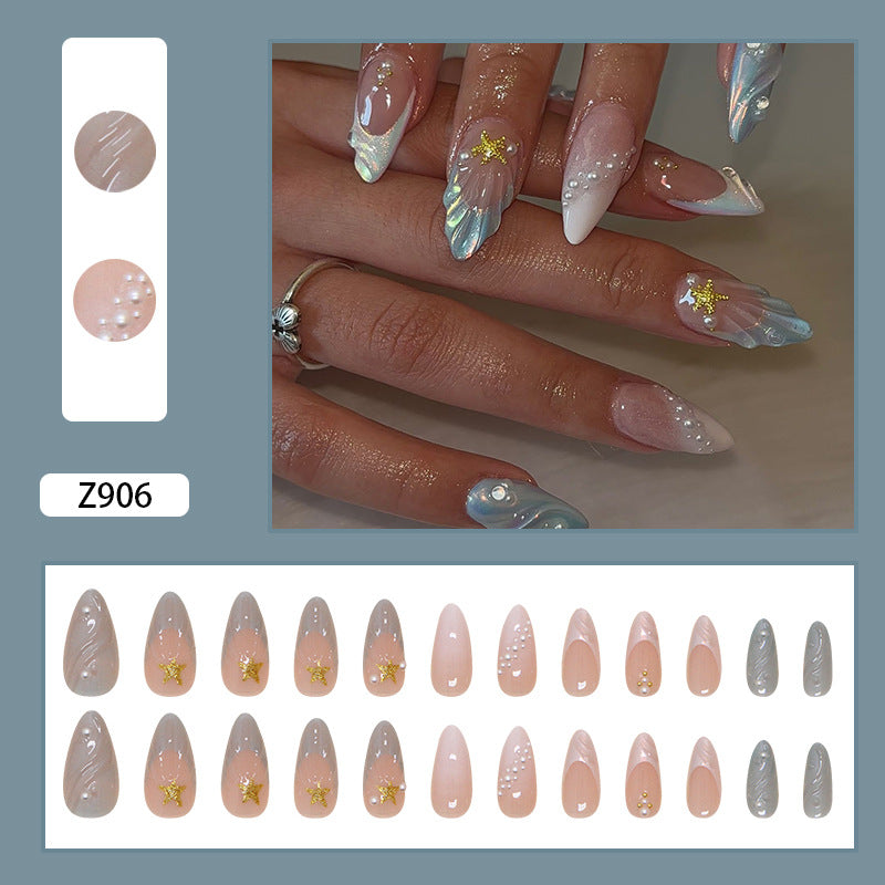 Mermaid Shell & Star Glitter Press-On Nails, Ice-Clear Finish – close-up detail