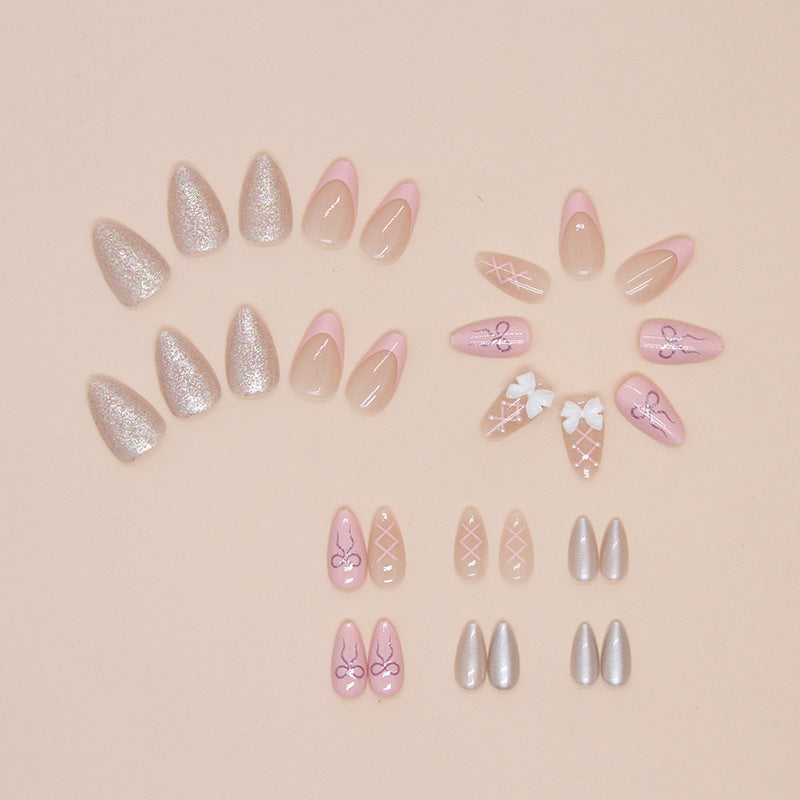 Medium Almond Bowknot & Solid Color Press-On Nail Set (24 Pieces) – side angle