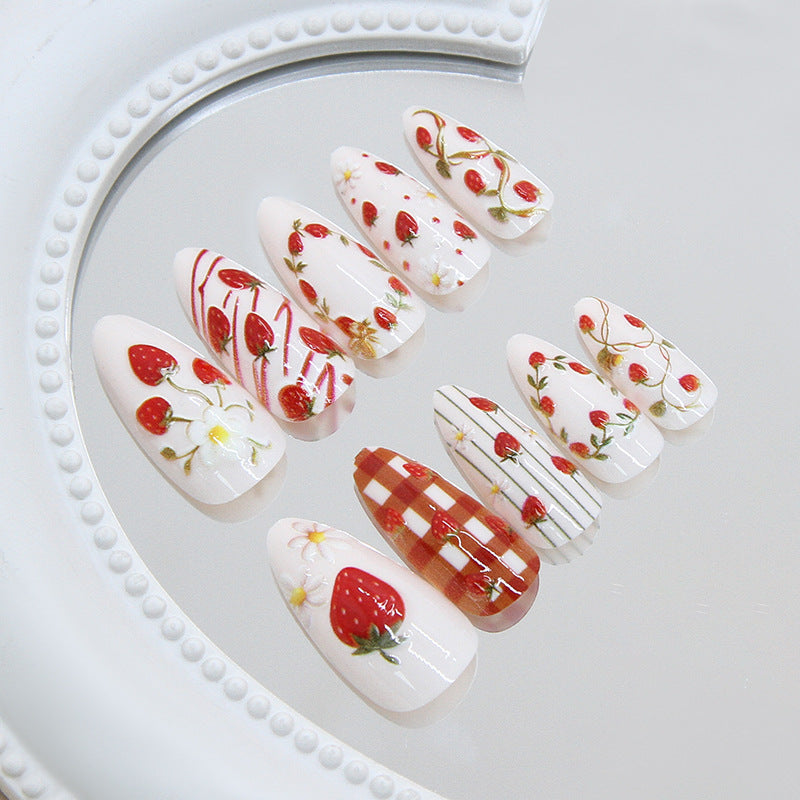 Strawberry Press-On Nails, Medium Almond, 24-Piece Set – side angle