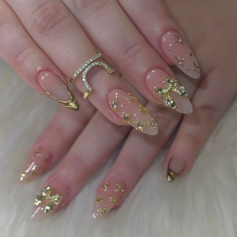 Bowknot & French Tip French Nails, Short Almond, 24 Pieces – front view