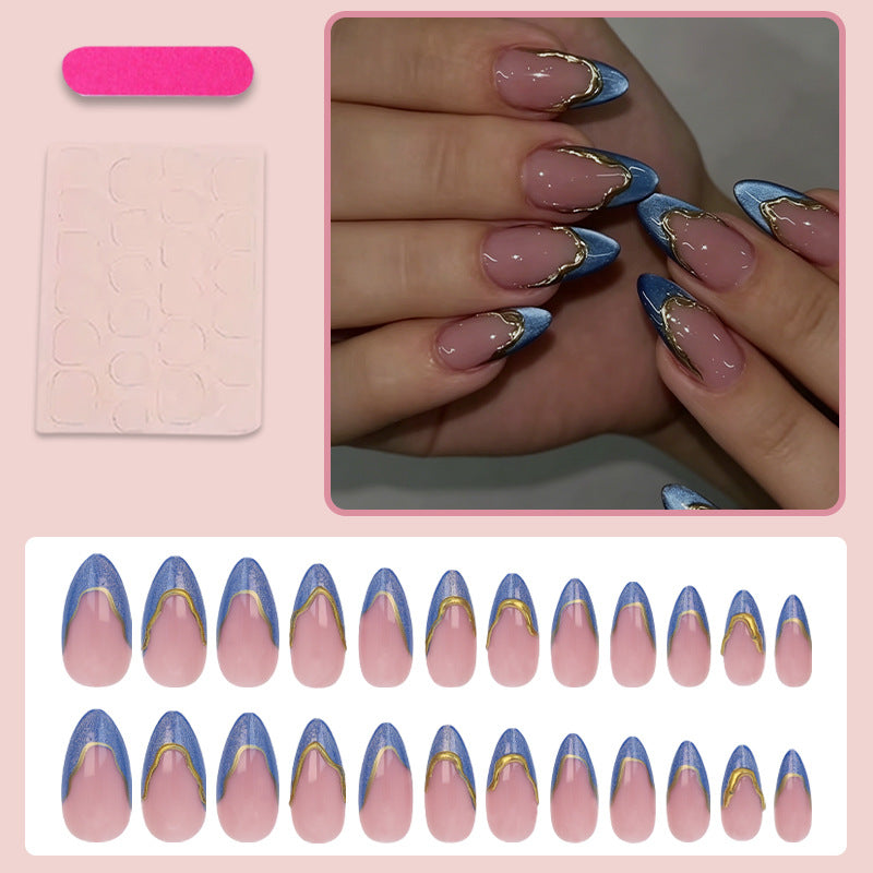 Gold-Plated & French Tip Cat Eye Press-On Nails, Almond – close-up detail