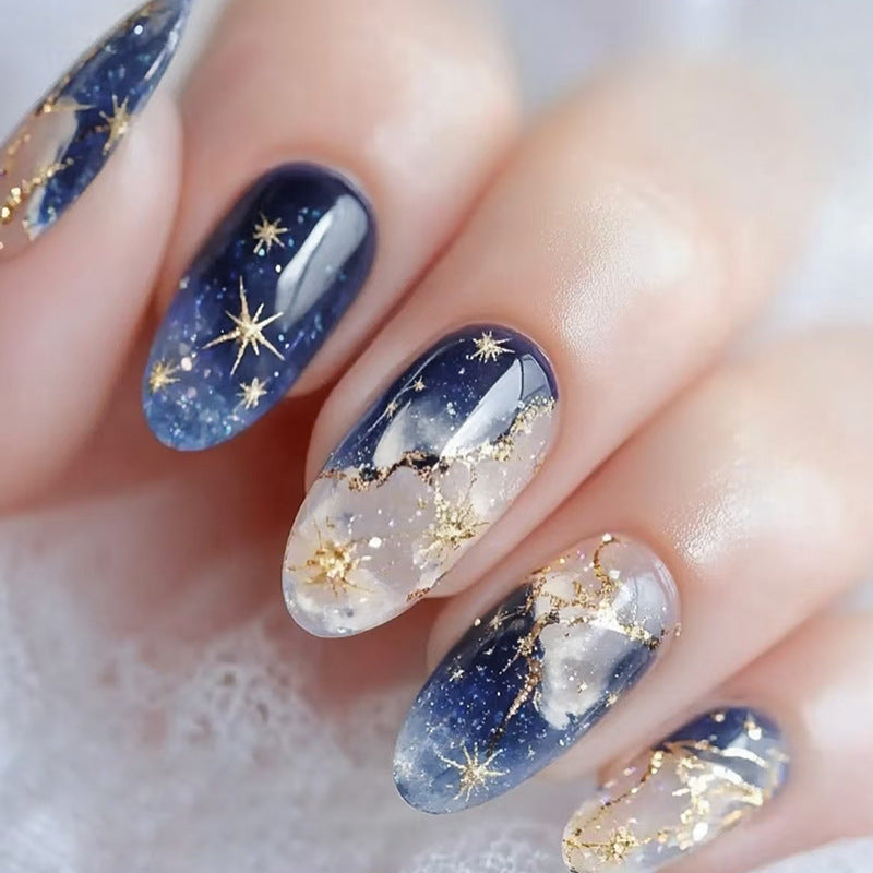 Blue Ombre Quicksand Press-On Nails, Short Oval – front view
