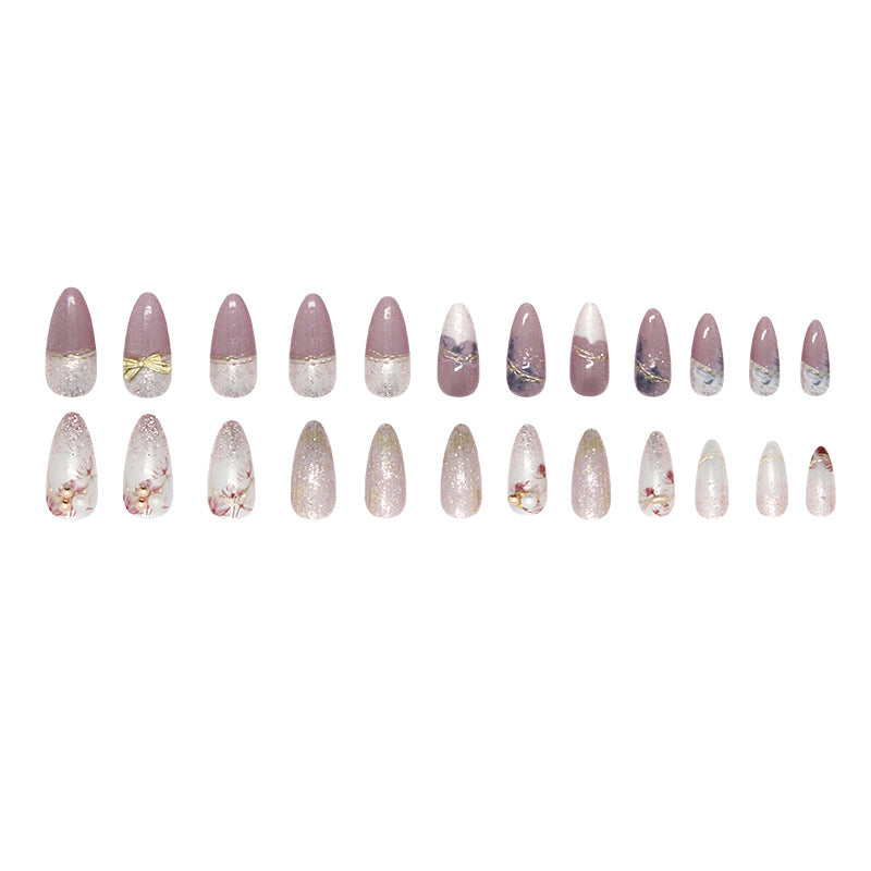 Pearl Detail & Bowknot Press-On Nails, Medium Almond – full set laid out