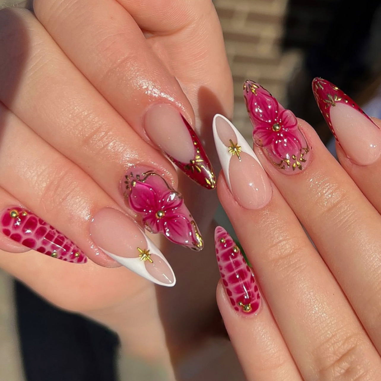 Floral & French Tip Press-On Nail Set (24 Pieces) – front view