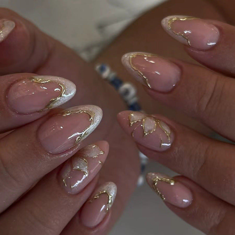 Gold-Plated & French Tip Press-On Nails, Medium Almond, 24-Piece Set – front view
