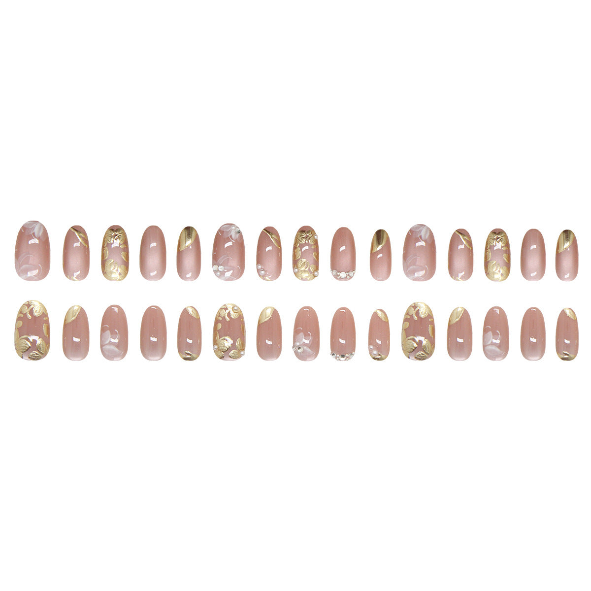 Cat Eye & Pearl Detail Cat Eye Nails, Short Oval, 30 Pieces – full set laid out