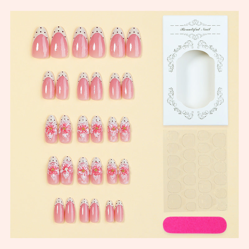 French Tip & Floral Press-On Nail Set (30 Pieces) – close-up detail