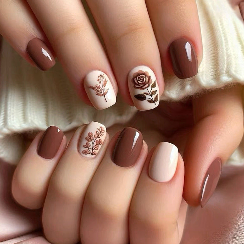 Short Square Solid Color & Rose Press-On Nail Set (24 Pieces) – front view