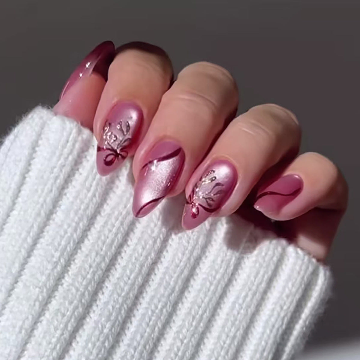 3D Flower & Floral Glitter Press-On Nails, Medium Almond – front view