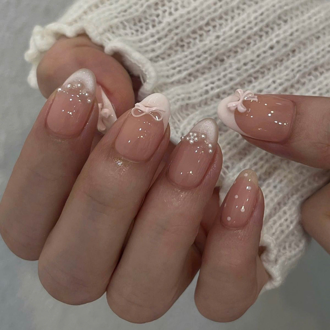 French Tip & Cat Eye Press-On Nails, Short Almond – front view
