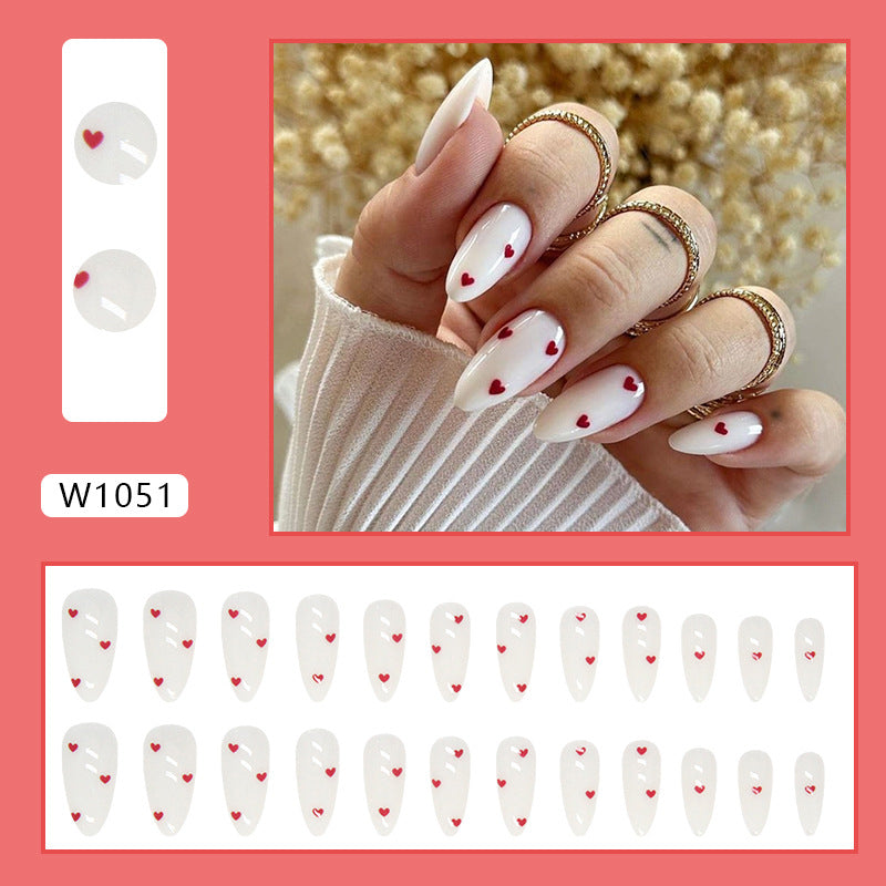 Wine Red & Heart Press-On Nails, Almond – close-up detail