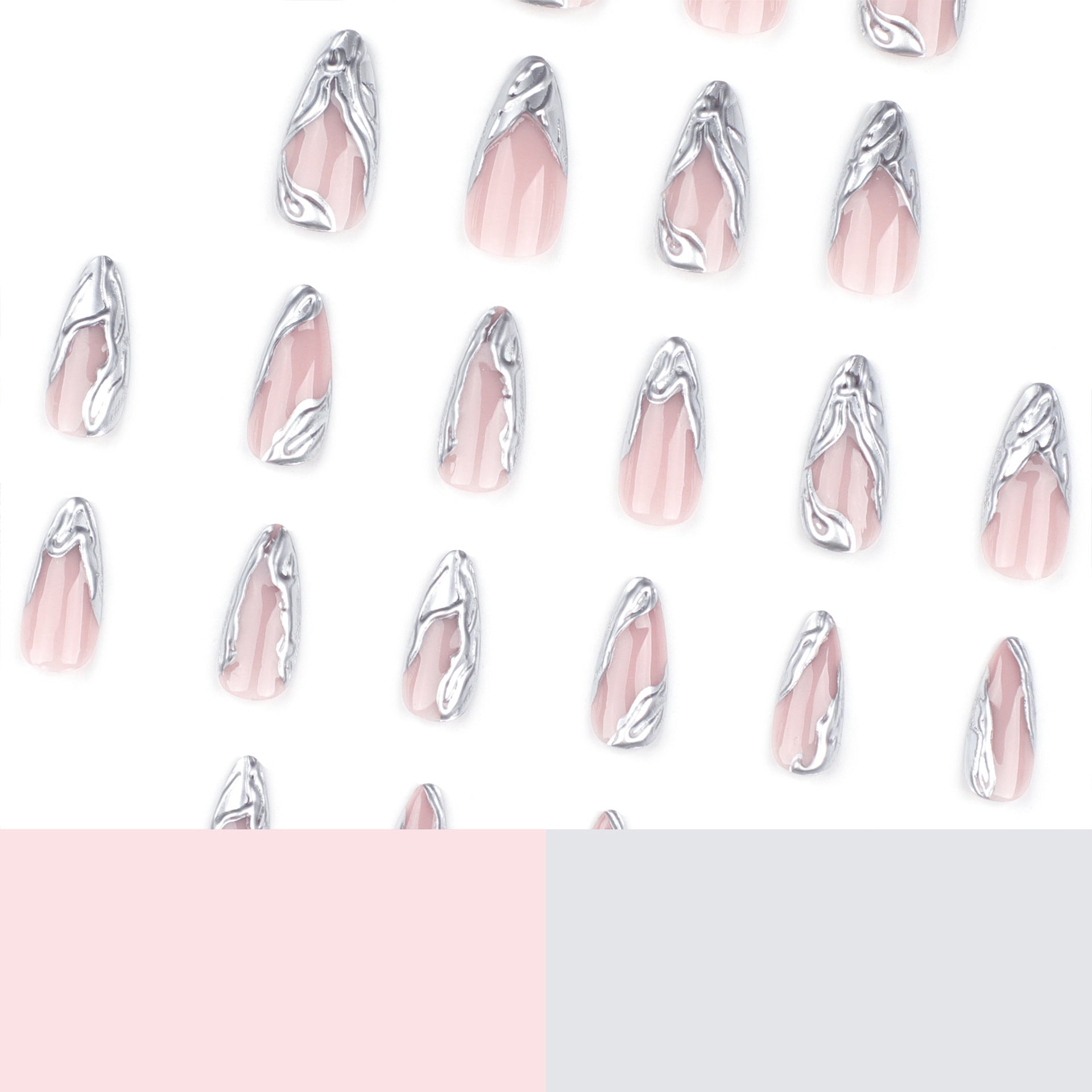 French Tip & Silver Accent French Press-On Nails, Long Almond – side angle