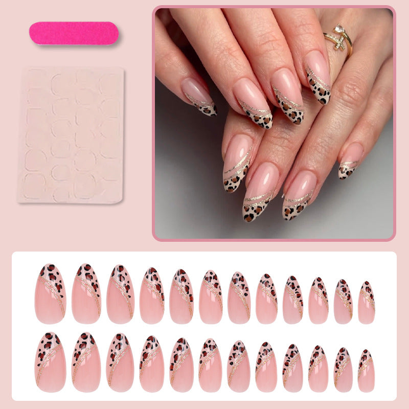 French Tip & Leopard Print French Nails, Almond, 24 Pieces – side angle