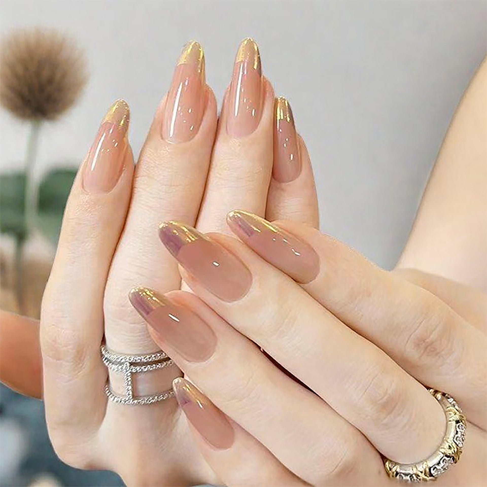 French Tip & Glitter Press-On Nails, Medium Almond, 24-Piece Set – front view