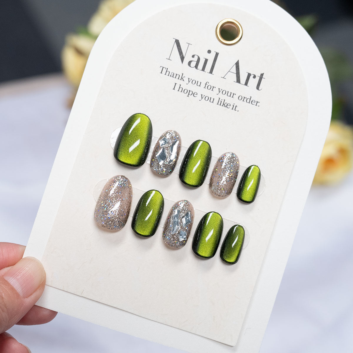 Duo-Tone Shimmer & Cat Eye Press-On Nails, Short Almond – side angle