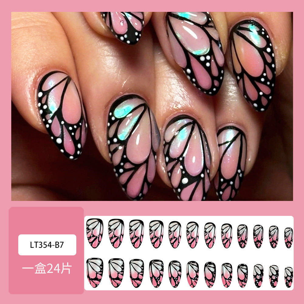 Rainbow & Butterfly Almond Nails, 24 Pieces – close-up detail