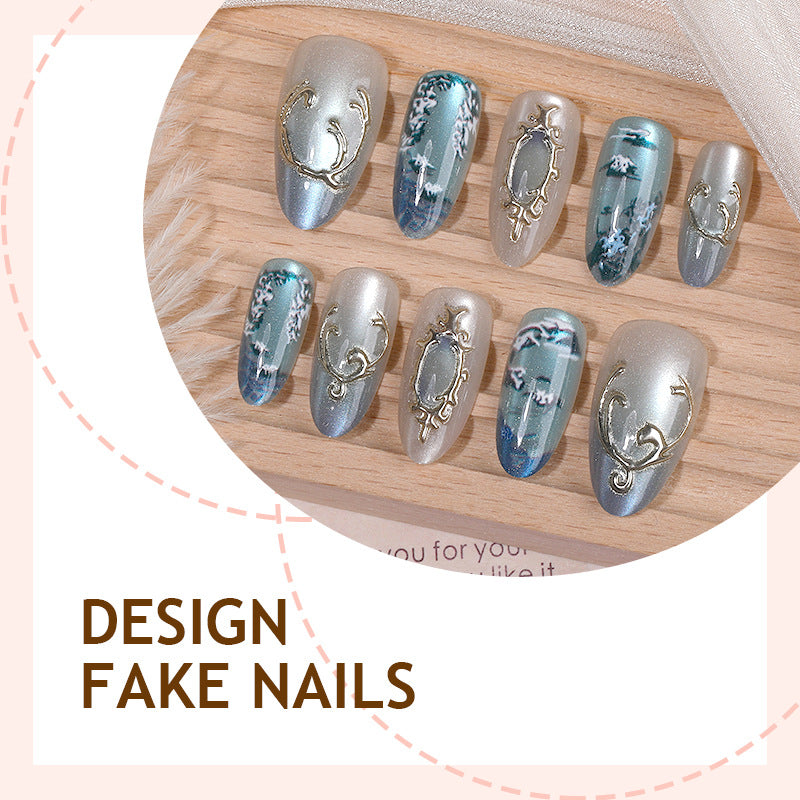 Emerald Green & Gemstone Ombre Nails, 30 Pieces – side angle