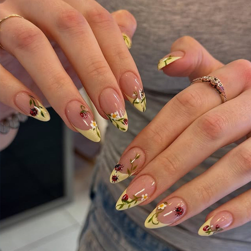 Floral & French Tip French Press-On Nails, Almond – front view
