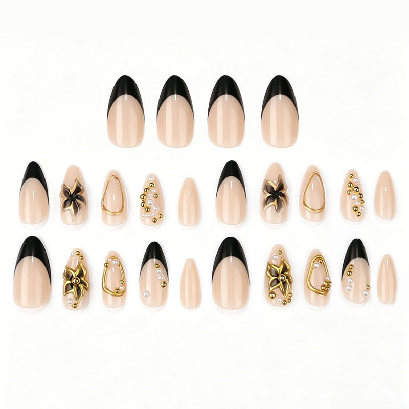 French Tip & Floral French Press-On Nails, Medium Almond – side angle